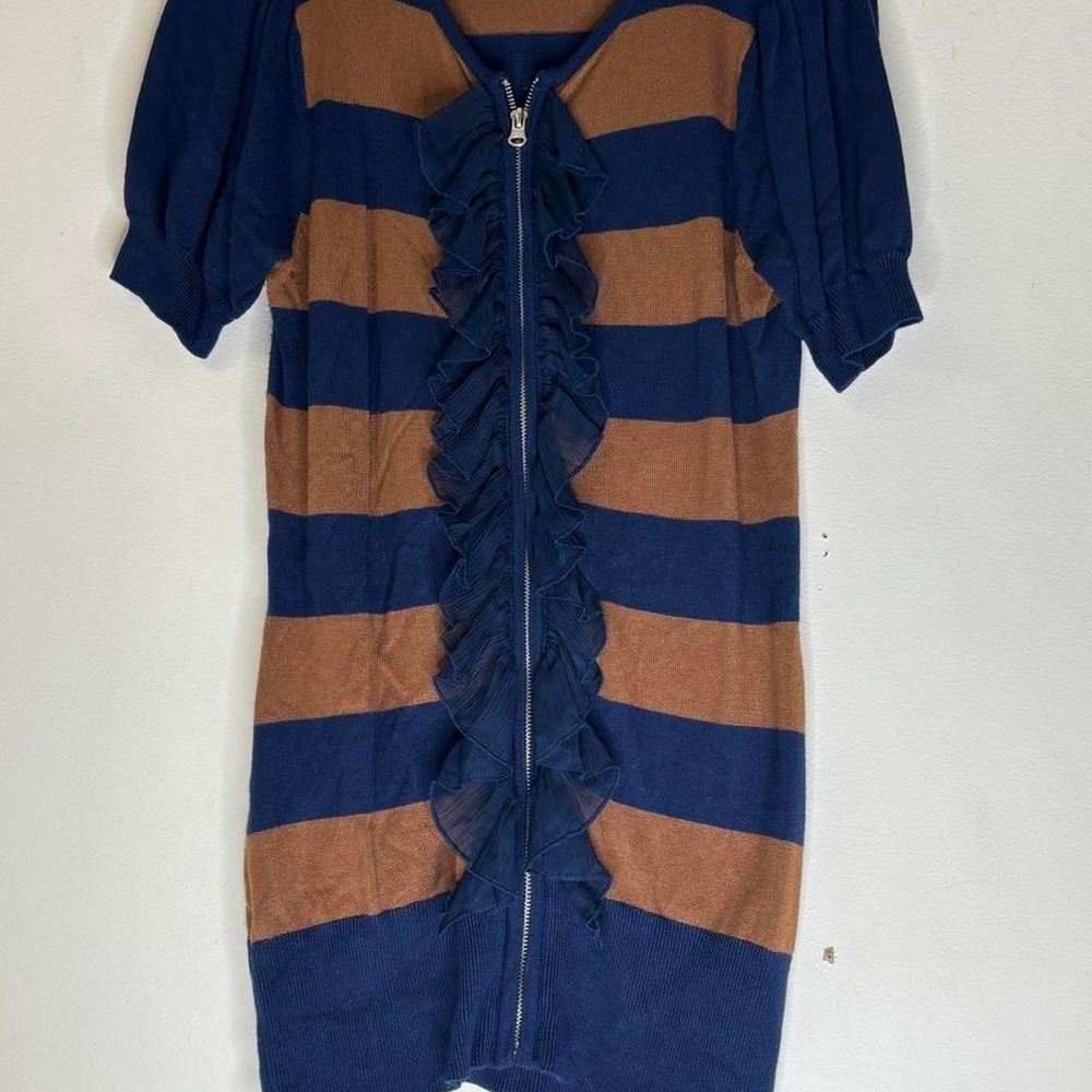 Y2K Twelve by Twelve Striped Ruffle Zip Cardigan Top Blue Camel Size M